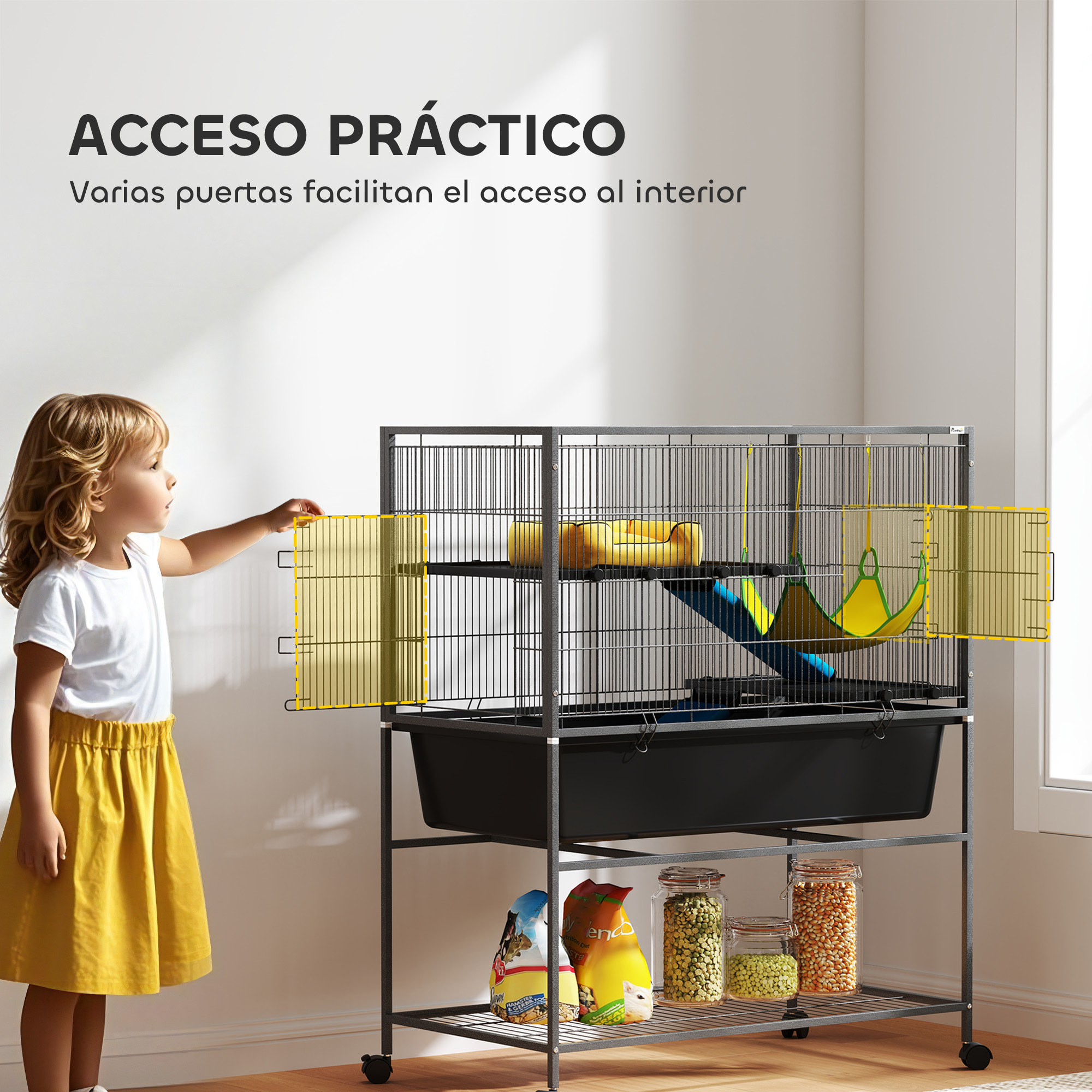 Jaula para Hurones de 3 Niveles Jaula para Conejos con Ruedas Rampas Hamaca y Bandeja Extraíble Recinto para Roedores Chinchillas 88x48x102 cm Gris Oscuro