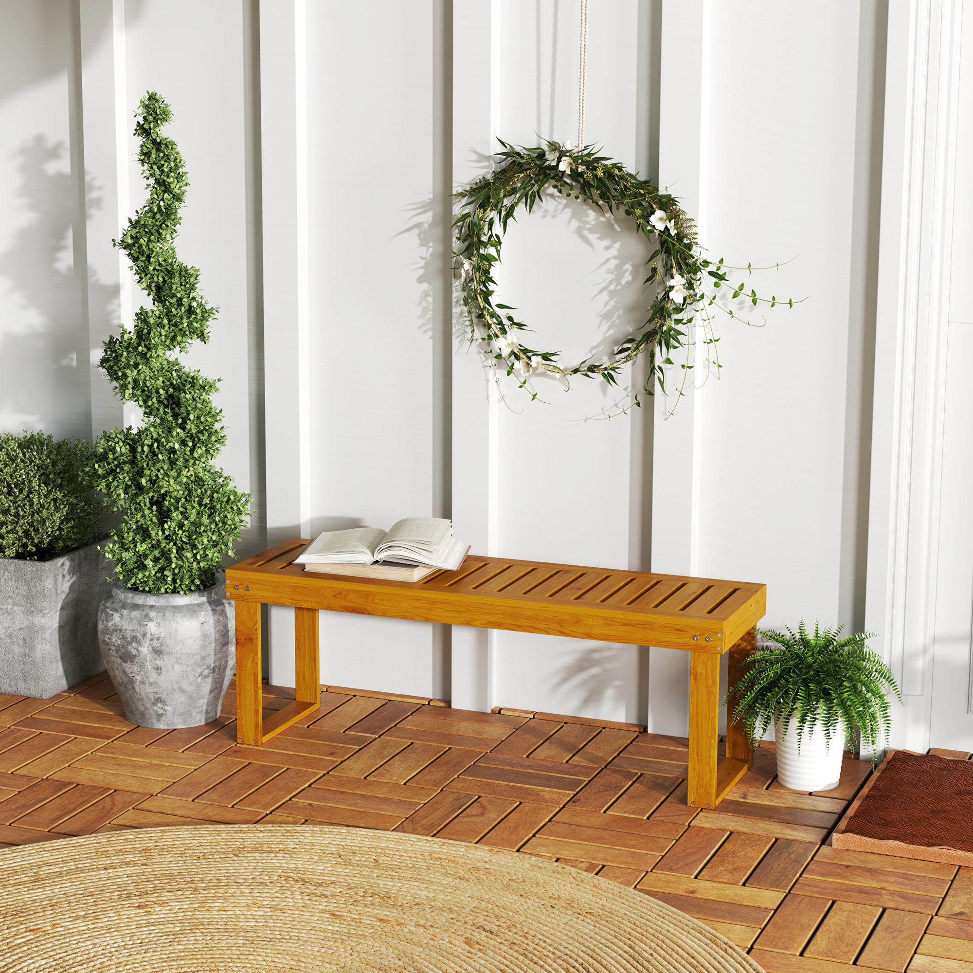 Banco de Jardín de 2 Plazas Banco de Madera Asiento de Lamas Carga 300 kg Banco para Patio Terraza 120x34x43 cm Teca