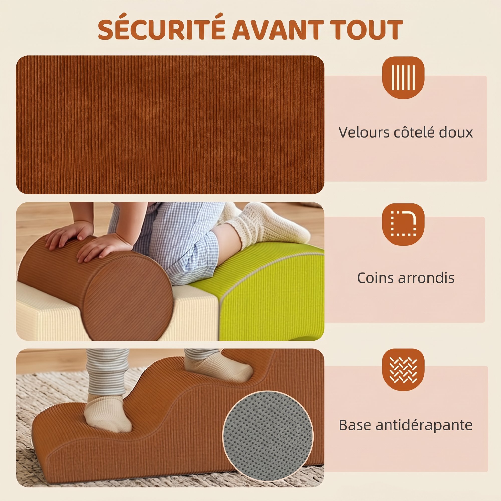 Parcours motricité bébé modulable 5 pièces zippées déhoussables velours multicolore