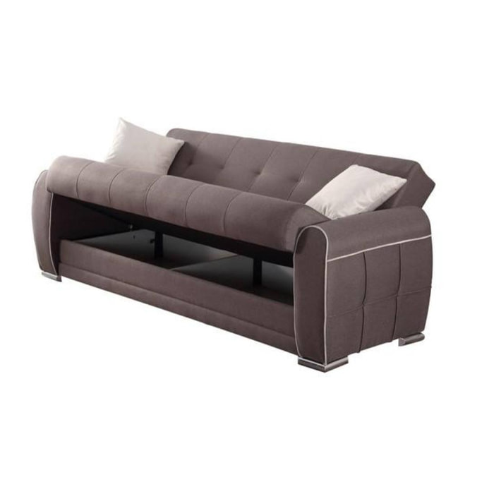 Divano letto Alejandro, Divano letto contenitore a 3 posti con 2 cuscini inclusi, Sofà da soggiorno in tessuto imbottito con apertura click-clack, 224x85h87 cm, Grigio Chiaro