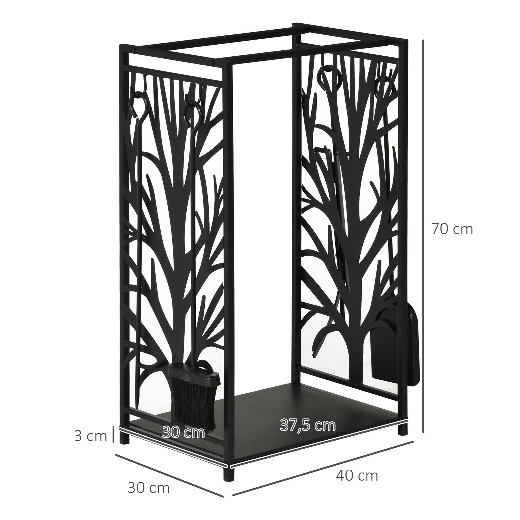 Estante para Leña Estantería de Almacenamiento para Chimenea 46x30x70 cm Soporte para Leña con 4 Herramientas para Interior y Exterior Negro