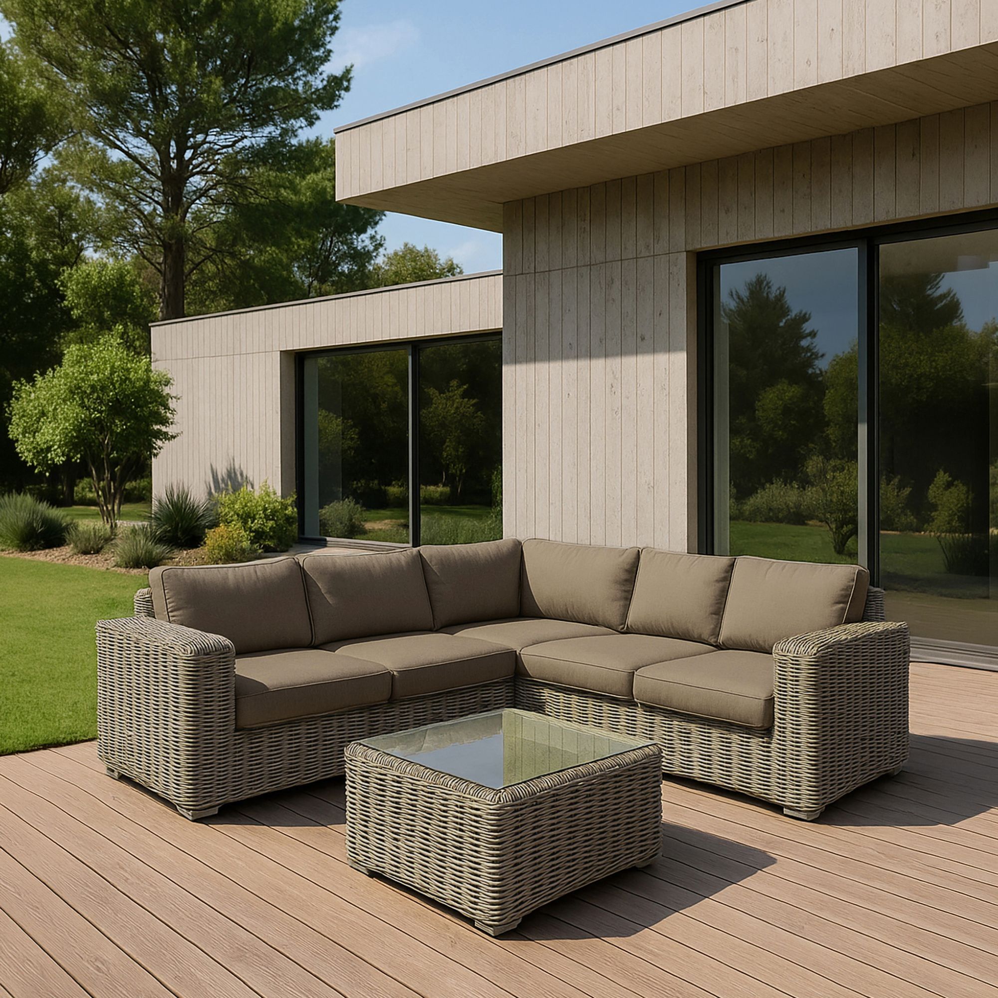 Salon de jardin 7 places en résine tressée effet rotin et coussin gris ANTIGUA