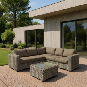 Salon de jardin 7 places en résine tressée effet rotin et coussin gris ANTIGUA