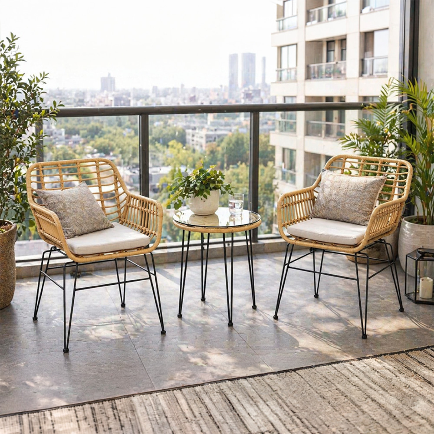 Ensemble de jardin 2 fauteuils et table basse effet rotin naturel LUGO