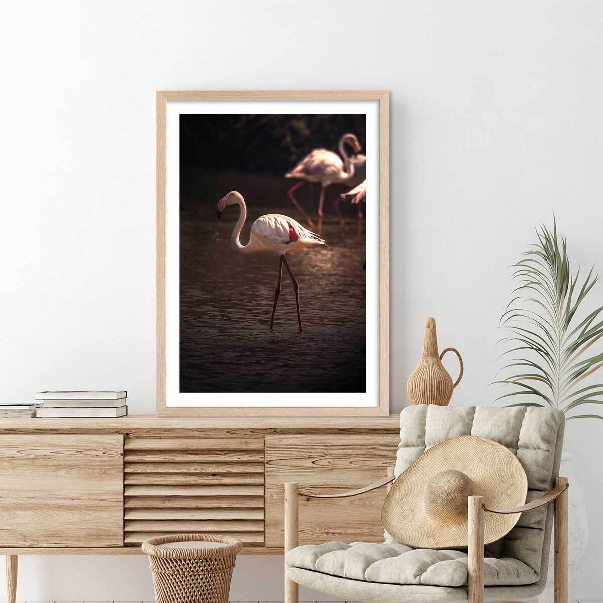Affiche flamingo in miami Affiche + cadre en bois - Chêne