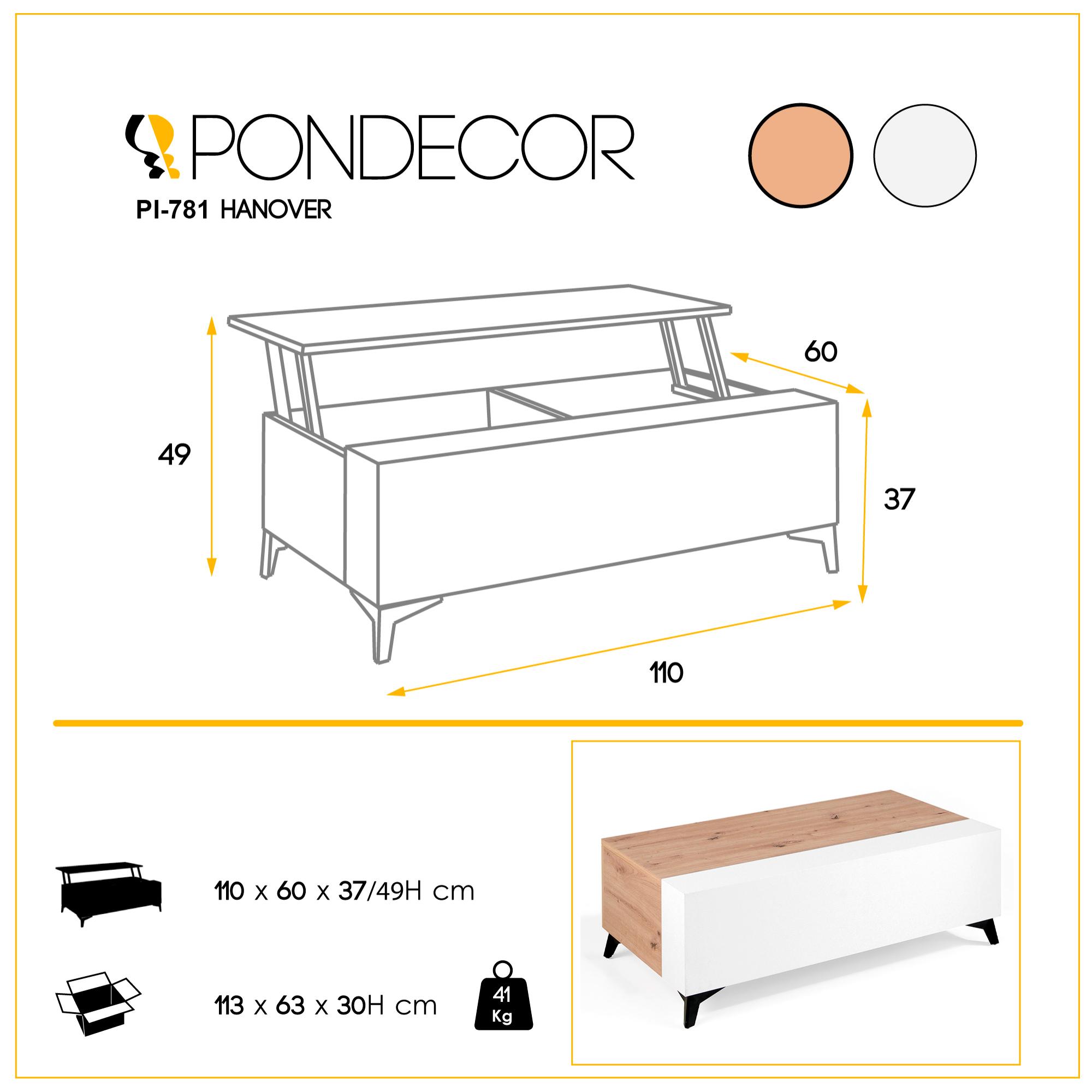 Mesa de centro elevable HANOVER - roble y blanco polar - 110x60x37cm