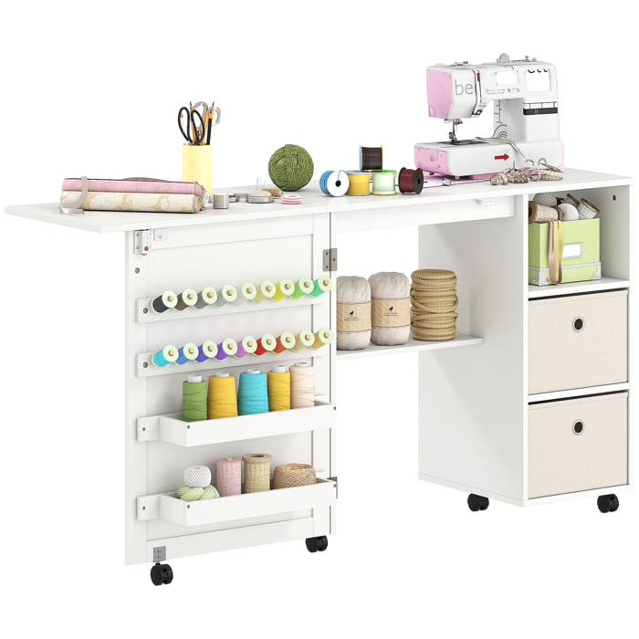 Mesa de Costura Plegable con 6 Ruedas, Mueble para Máquina de Coser con 18 Clavijas para Hilos, 2 Cajones de Tela, 3 Compartimentos, Tomas Corriente Armario de Costura para Estudio Salón Blanco