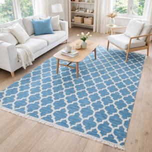 Tapis Kilim tissé à la main en laine motif Géométrique bleu et blanc