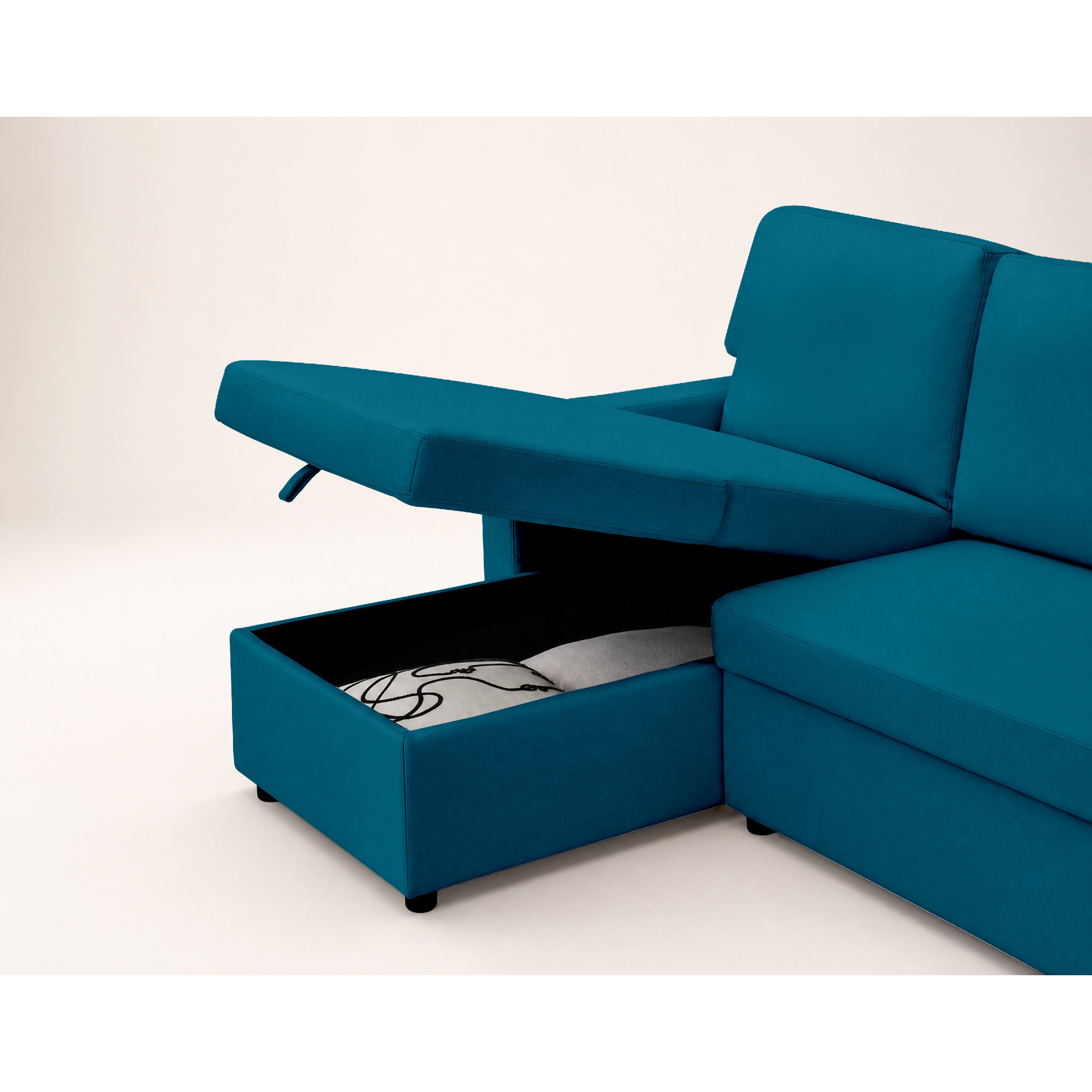 Meiya - canapé d'angle réversible 4 places convertible avec coffre en tissu - Bleu