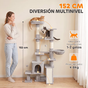 Árbol Rascador para Gatos 152 cm, Torre para Gatos Multinivel con Cueva, Hamaca, Cama, 4 Postes de Sisal, Escalera Rascadora, 3 Bolas Colgantes, Tela de Felpa, para 1-2, Gris Claro