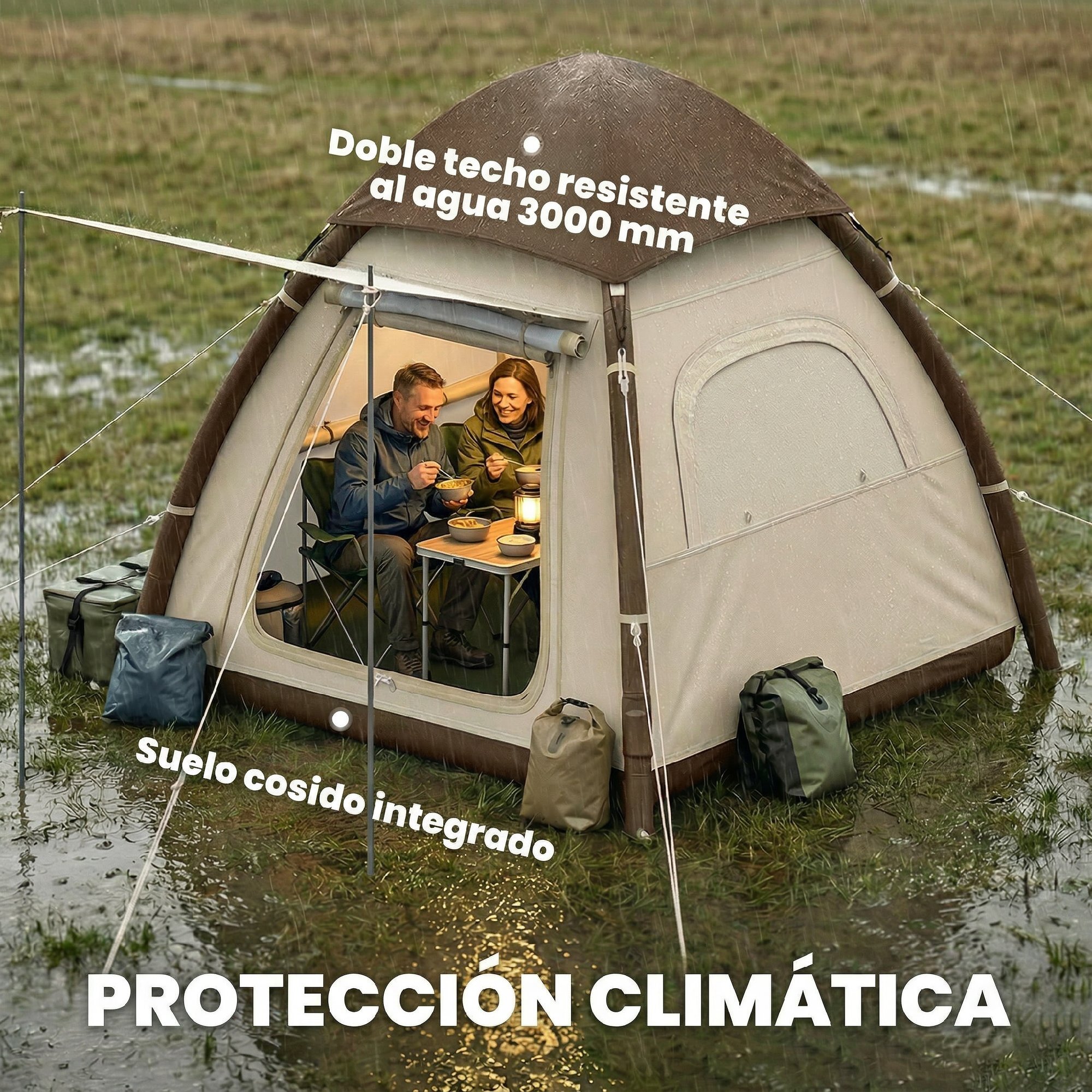 Tienda de Campaña Inflable con Mosquitera para 3–4 Personas Tienda de Campaña con Vestíbulo Bomba UPF30+ Puertas Bolsa Transporte Montaje Rápido Tela Oxford Cubierta Impermeable 3000 mm
