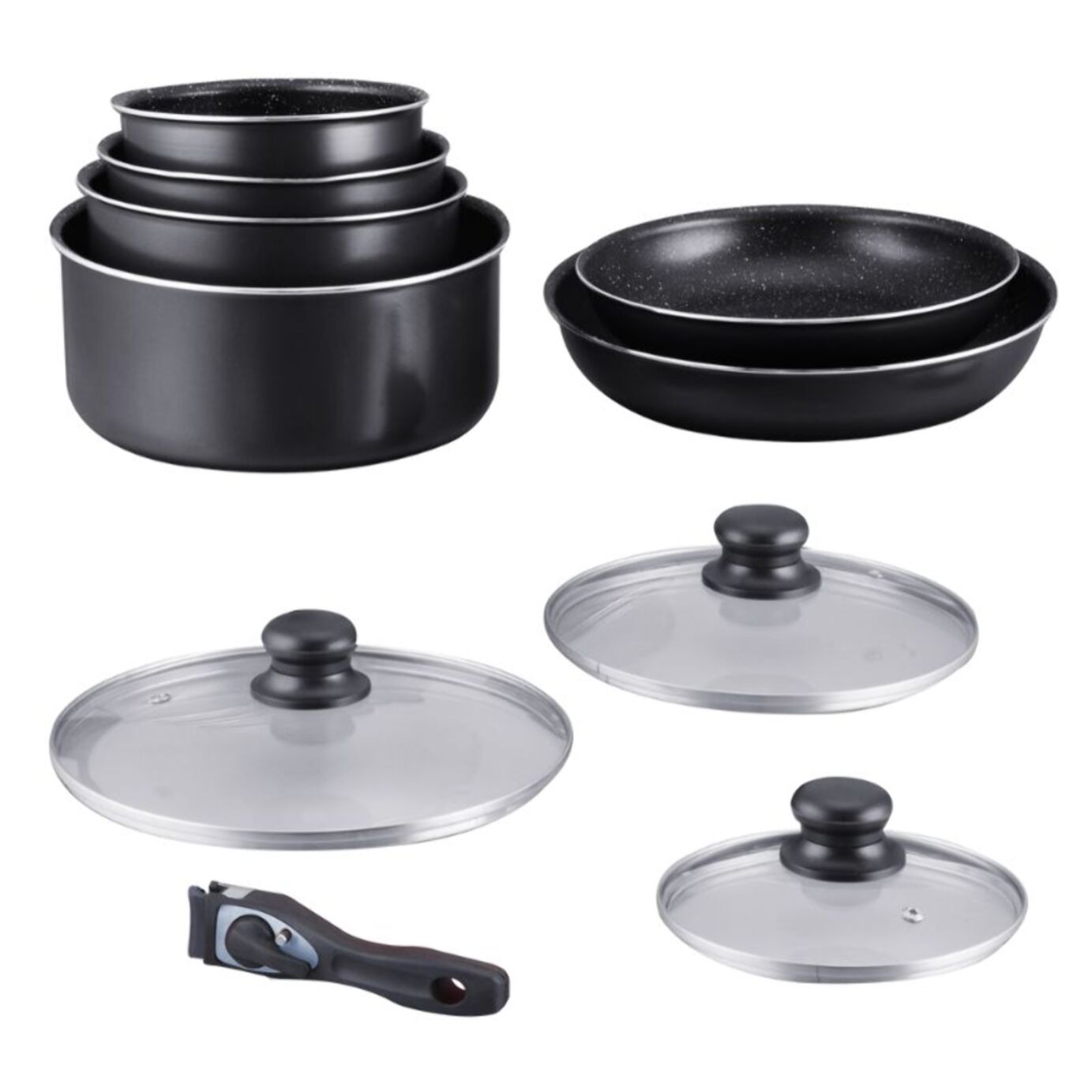 Batterie de cuisine revêtement pierre avec manche amovible 10 pieces noir Hagen HA04630-BLK