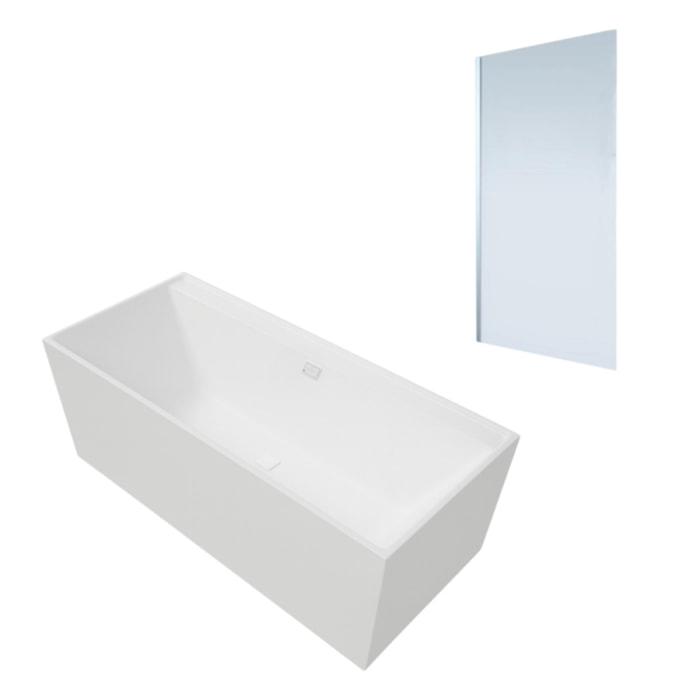 Baignoire droite Collaro 170 x 75cm Blanc mat  vidage et trop plein blanc mat + Pare bain gauche AURYS Mist 1