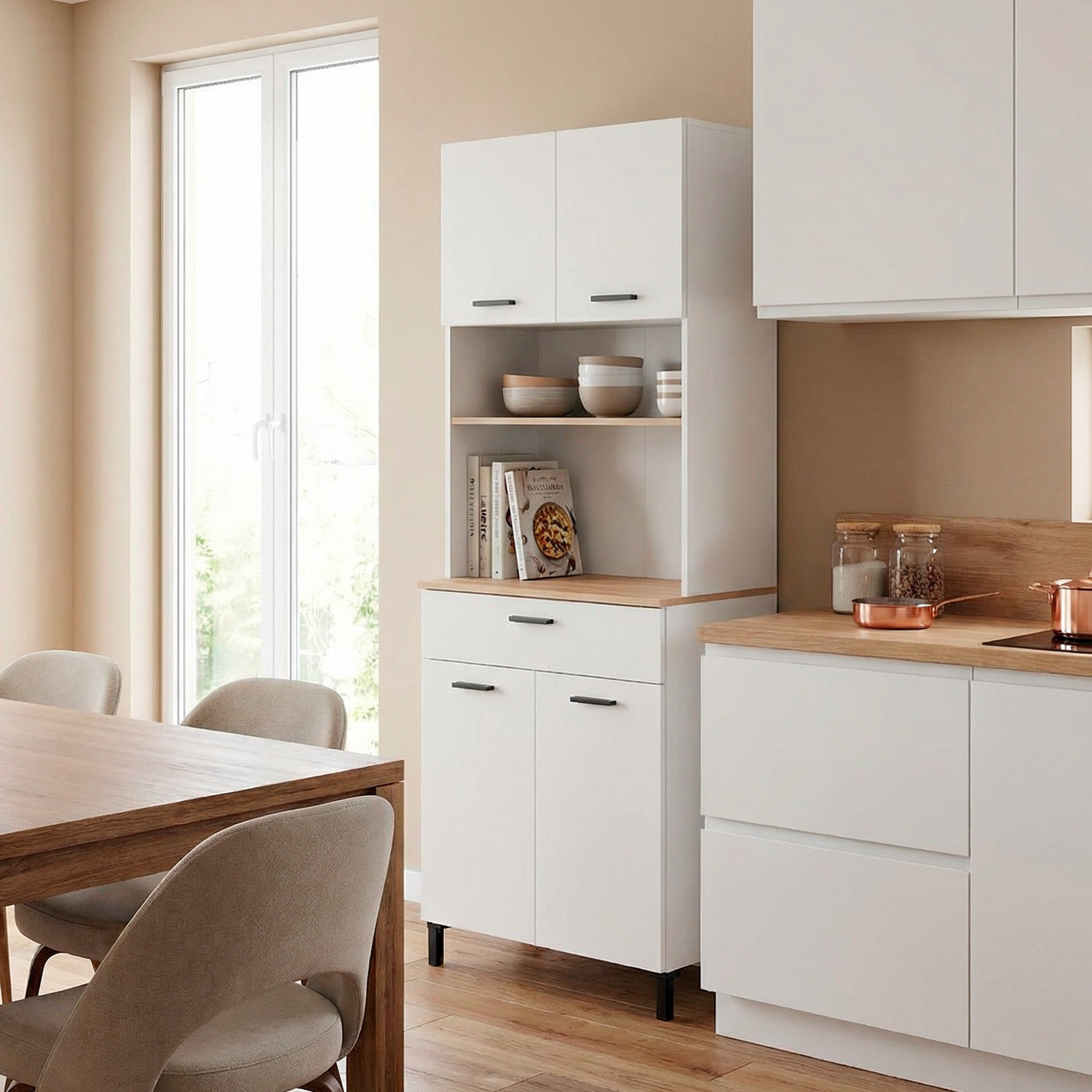 Mobile Dispensa Multiuso con 4 Ante 1 Cassetto E Vano Per Elettrodomestici Con Ripiani Interni Piano Appoggio 72 x 185 x 40 Cm Colore Bianco E Rovere