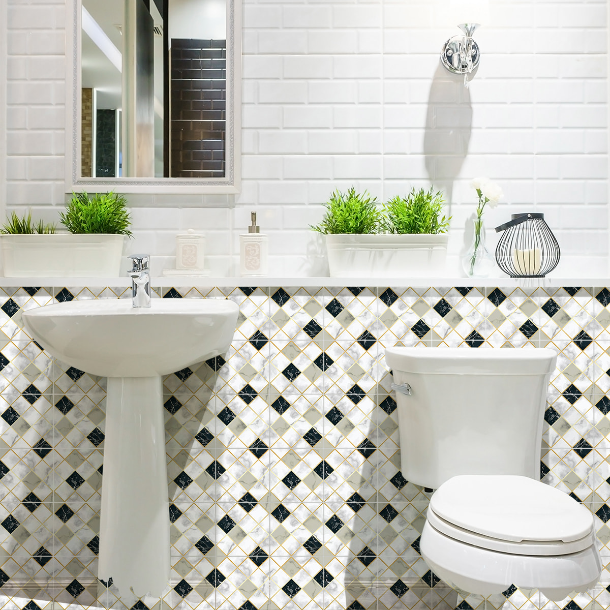 Stickers muraux - Sticker Mural Carrelage adhésif Cuisine Salle de Bain - 24 STICKERS CARRELAGES EFFET MARBRÉ BLANC BEIGE ET NOIR