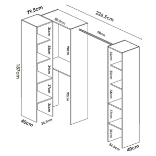 Guardaroba Plose, Struttura per cabina armadio angolare, Mobile appendiabiti aperto ad angolo, 226x79h186 cm, Bianco