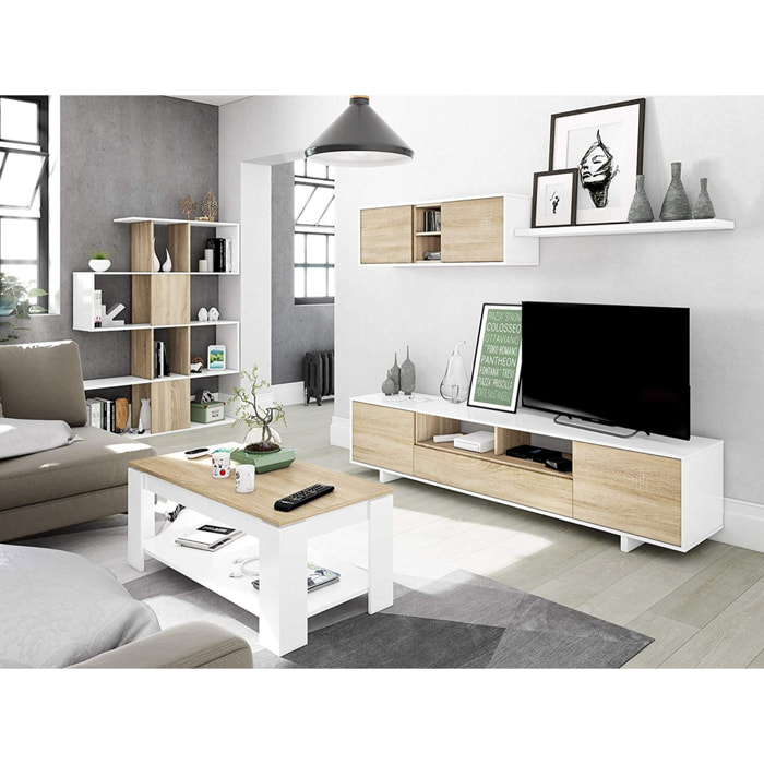 Parete Attrezzata Porta TV Mobile Basso Salotto Con 3 Vani Chiusi E 2 A Giorno Pensile Soggiorno Zona Living 200 x 42 x 47 Cm Colore Bianco E Rovere