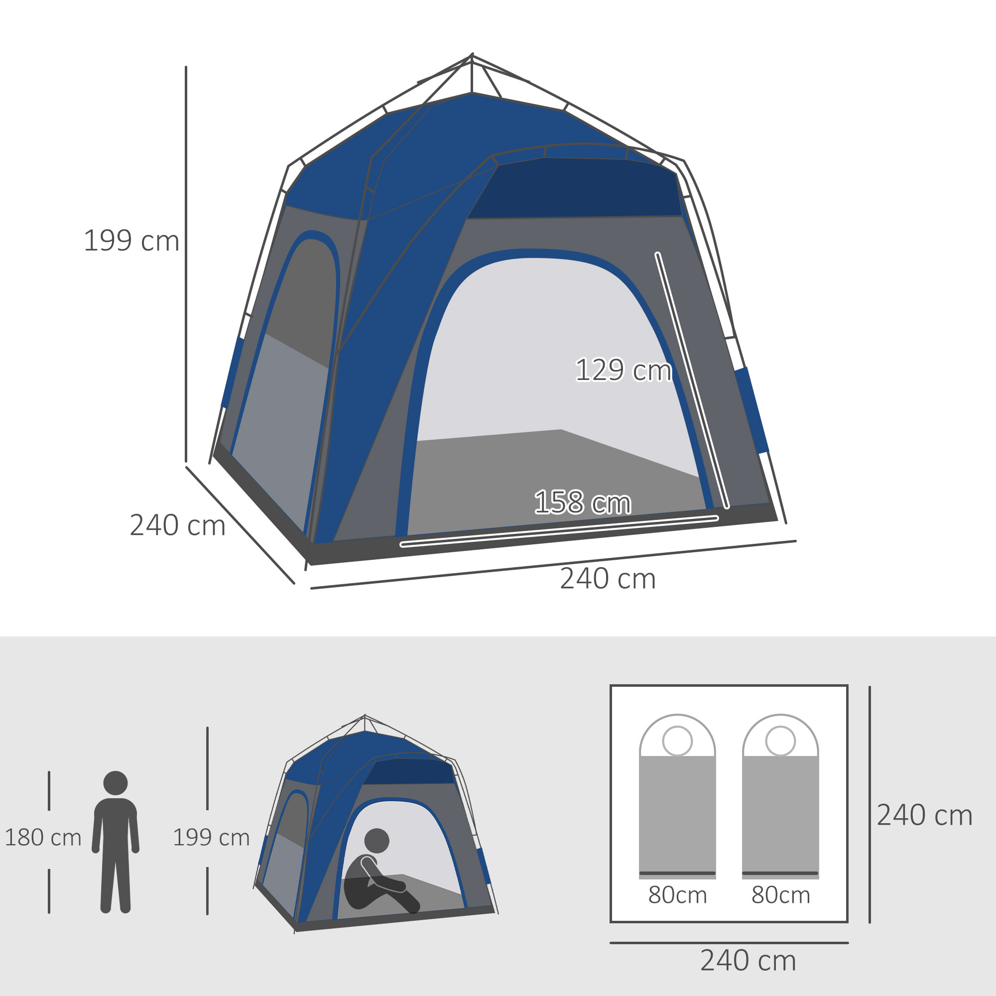 Tente de camping familiale 4 personnes montage instantanée pop-up 4 fenêtres pare-soleil dim. 2,4L x 2,4l x 1,95H m fibre verre polyester bleu anthracite