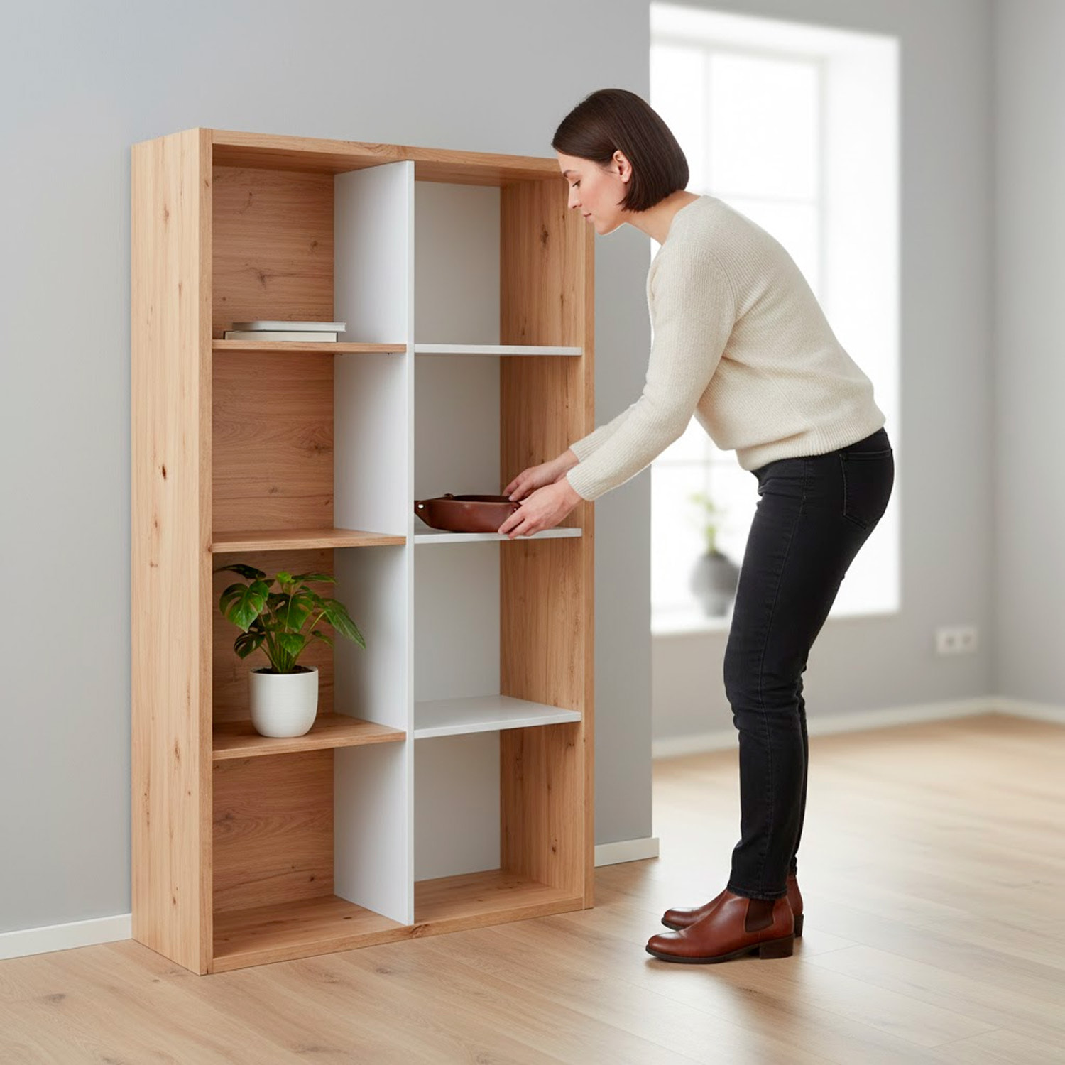 Libreria Cubi 8 Vani Modulare Mobile Moderno Per Libri Installabile In Verticale O Orizzontale Soggiorno Ufficio 71.5 x 137 x 33 Cm Rovere e Bianco