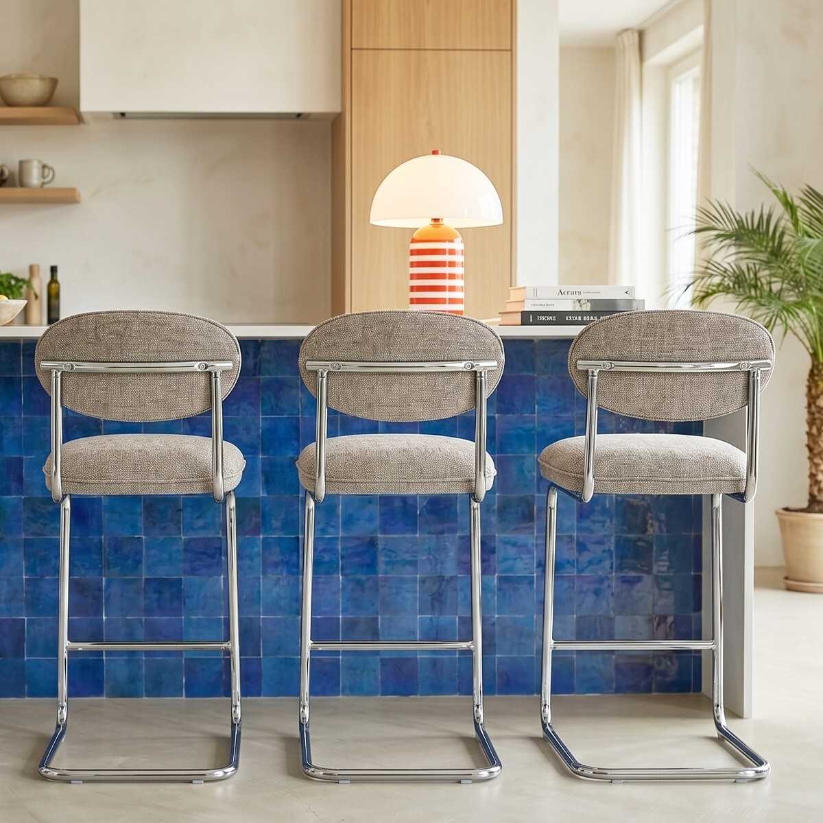 Lot de 2 tabourets de bar chromés en tissu chenille - LOU