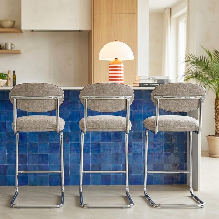 Lot de 2 tabourets de bar chromés en tissu chenille - LOU