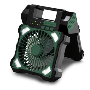 Ventilatore a 5 velocità con pannelli solari doppi, funzione antizanzare, timer, luce LED con 3 intensità, 80lm e power bank da 5200mAh.