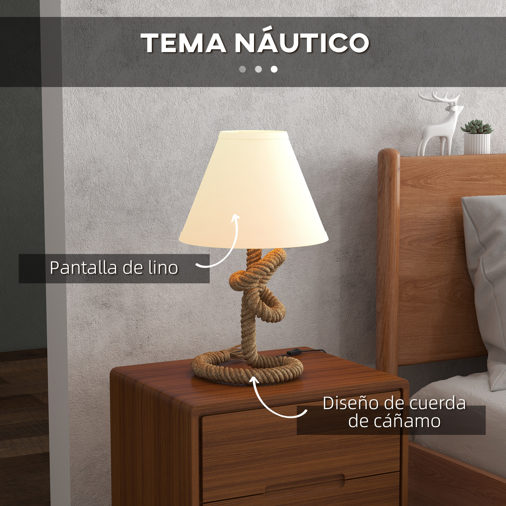 Lámpara de Mesa LED Lámpara de Mesita de Noche con Base de Metal Cuerda de Lino y Pantalla de Tela Bombilla E27 de Max.40W Luces de Blanco Cálido para Dormitorio Ø28x45,5cm Marrón y Beige