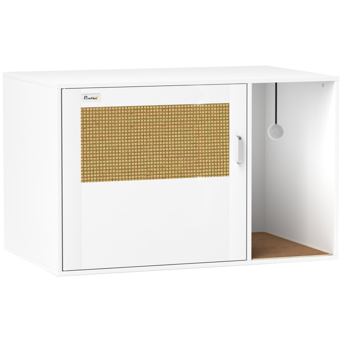 Maison de toilette chat style cosy effet rotin - porte, griffoir, jeu boule - blanc