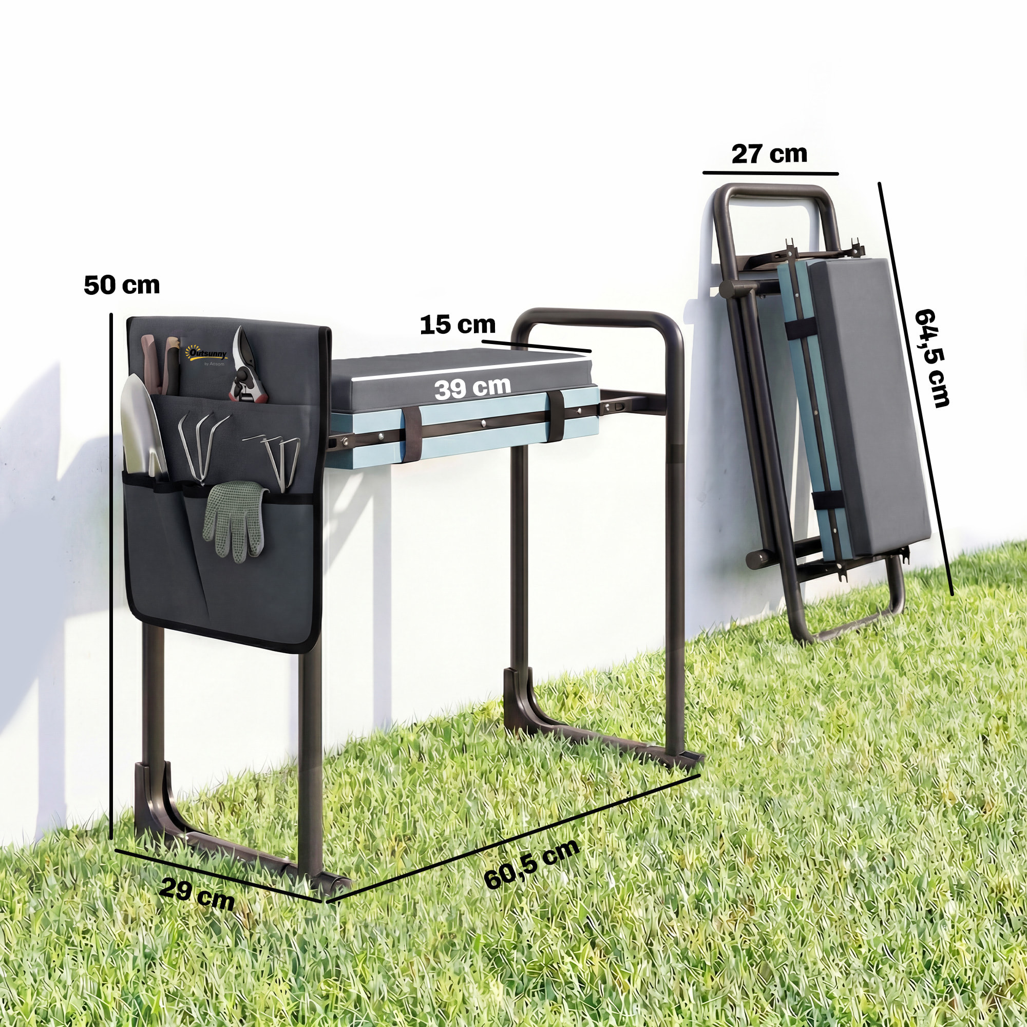 Taburete de Jardín Plegable con Almohadilla de Espuma EVA, Asiento de Jardín Portátil con Bolsa para Herramientas, Patas Extensibles, Carga 150kg, Regalo para Jardineros Ancianos, Gris Oscuro