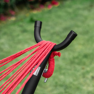 Hamaca con Soporte 310x117 cm Hamaca de Camping con Bolsa de Transporte Portátil Altura Ajustable Carga 120 kg para Patio Terraza Rayas Naranja y Rojo