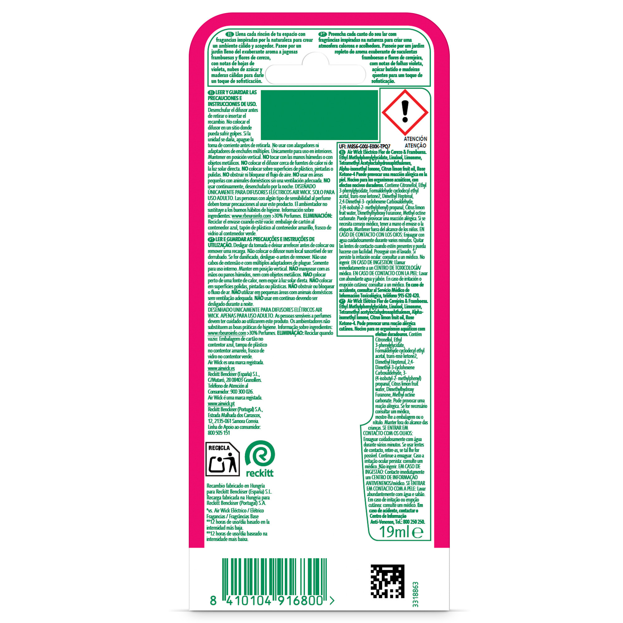 Air Wick Ambientador Eléctrico - Ambientador difusor inteligente con tecnología Anti-Fading con aroma a Flor de Cerezo y Frambuesa - Recambio