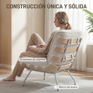 Butaca de Salón, Tapizado en Lino, Sillón Lectura con Asiento Acolchado, Soporte con Listones, Estructura de Acero, Butaca para Sala de Estar, Dormitorio, Crema
