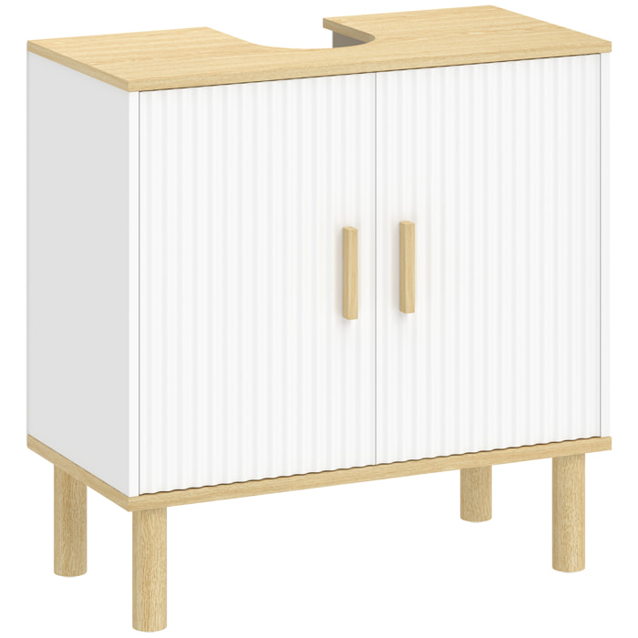 Mueble Bajo Lavabo, Mueble de Baño con Estante Ajustable, Puertas Acanaladas y Patas de Madera, para Lavabo sin Pedestal, 60x30x61 cm, Blanco