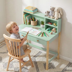 Escritorio Infantil, Mesa de Escritorio para Niños con 3 Compartimentos Abiertos y 2 Cajones, Patas de Madera, para Estudio, Entrada, Dormitorio, para Niños de 5-12 Años, 90x52x105 cm, Verde
