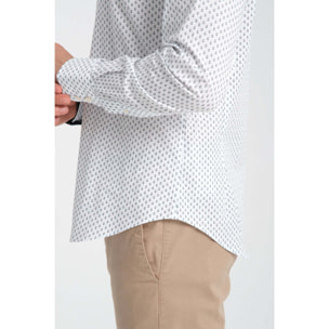 Camicia Uomo 2 Bottoni Button Down Triplo Collo Slim Popeline Stretch Stampato Bianco e Blu