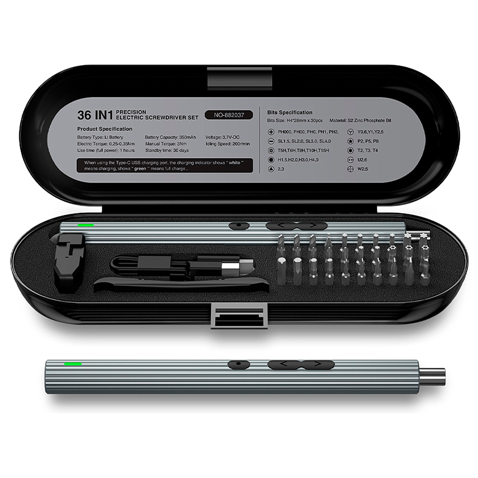 Destornillador eléctrico 33 en 1 con giro bidireccional, luces de trabajo, puntas magnéticas, 200rpm y batería de 350mAh.