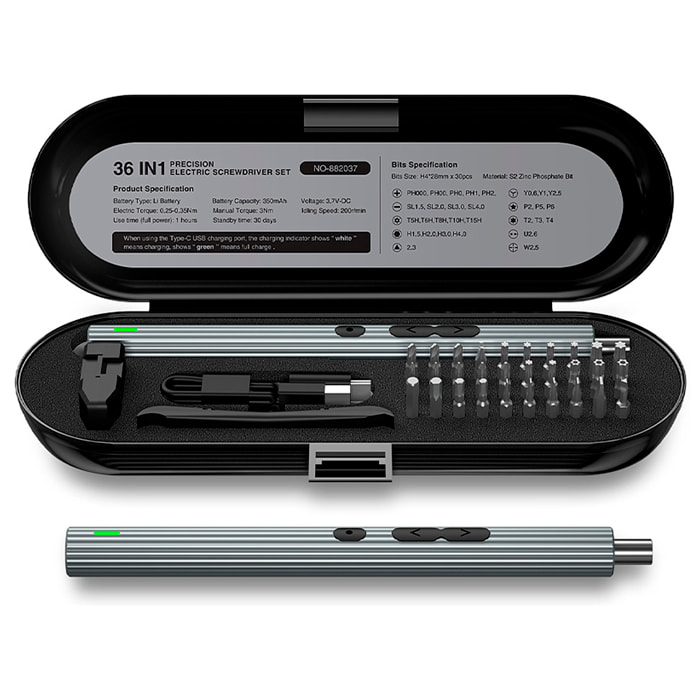 Destornillador eléctrico 33 en 1 con giro bidireccional, luces de trabajo, puntas magnéticas, 200rpm y batería de 350mAh.