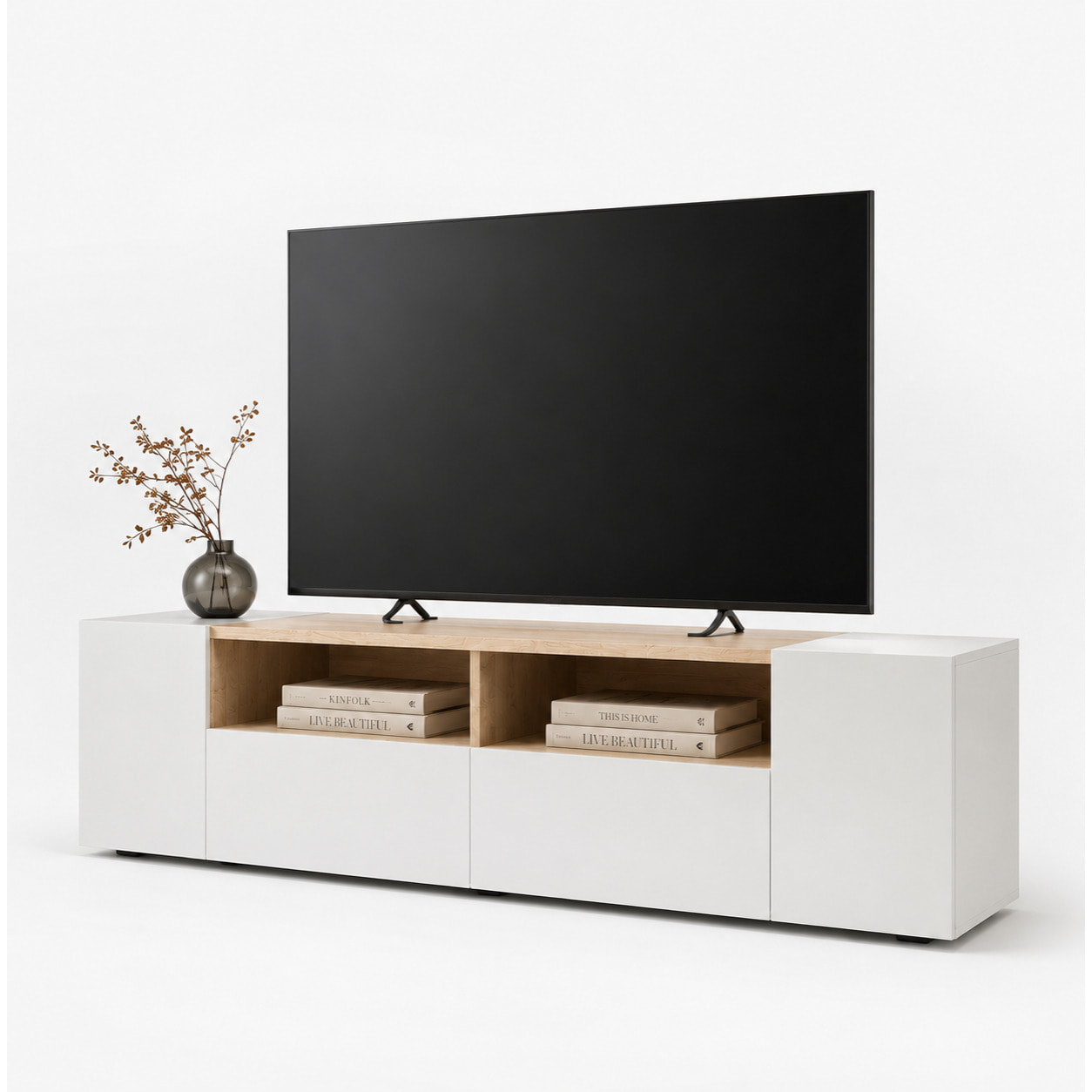 Mobile Porta TV Moderno Con Ante E Vani a Giorno Parete Attrezzata Salvaspazio Per Soggiorno Salotto Cameretta Camera 138x40.2x34 Cm Bianco E Rovere