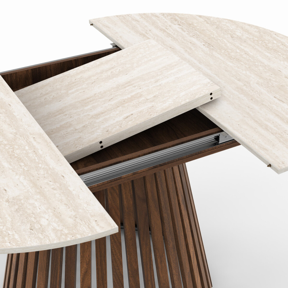 Table à manger ronde extensible Camélia effet travertin et pied lattes Ø110-150cm