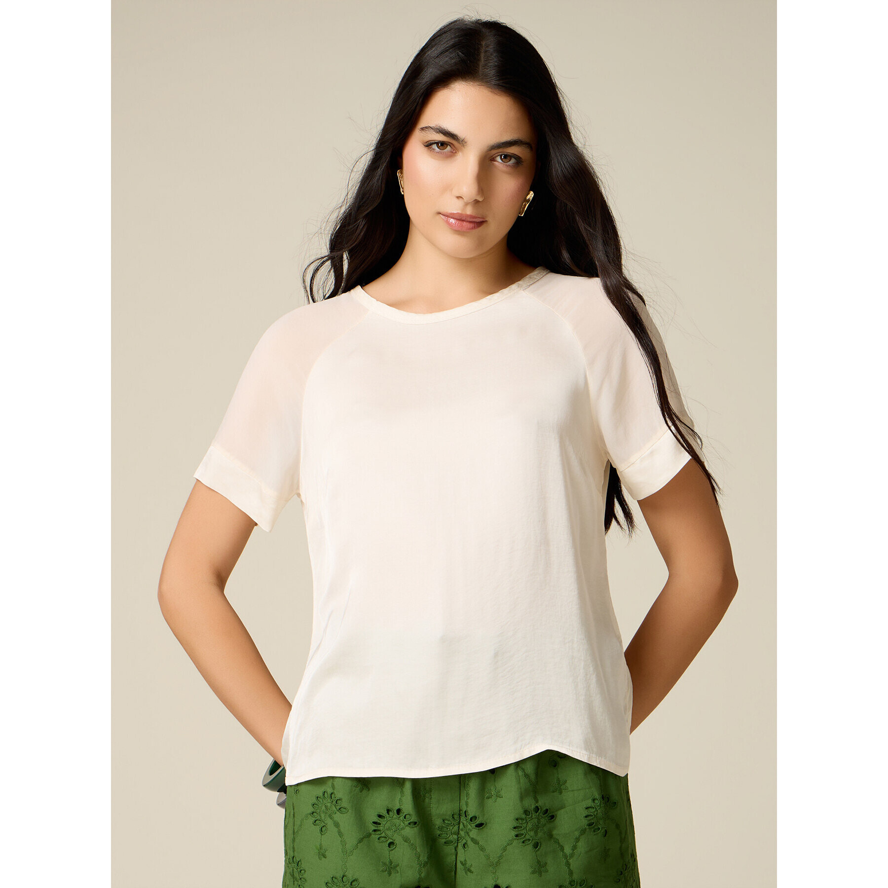 Oltre - Blusa bimaterial mangas cortas - Blanco