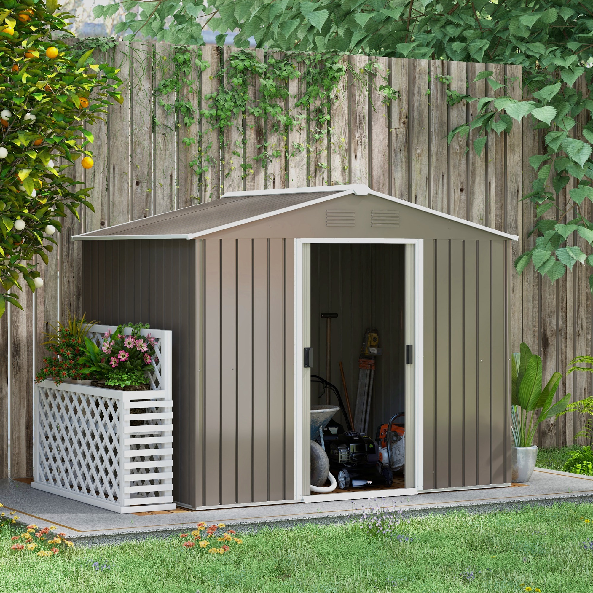 Caseta de Jardín Exterior 3,6 m² 236x174x190 cm Cobertizo de Jardín Exterior con 2 Puertas Correderas Techo Inclinado y 4 Ventanas para Patio Terraza Gris Claro