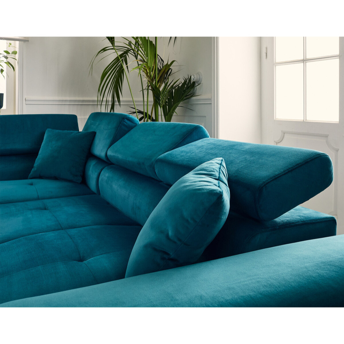 Dimas - canapé d'angle gauche 5 places - convertible avec coffre et têtières réglables - en velours - Bleu