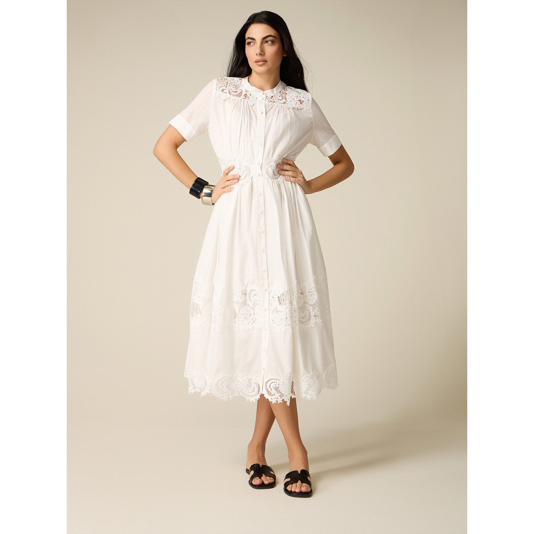 Oltre - Vestido camisero de algodón con encaje - Blanco