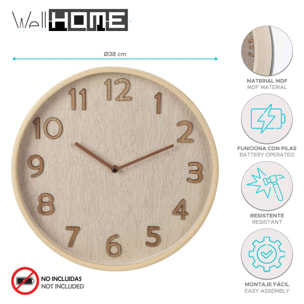 Well Home Reloj de Pared de Madera Aspecto Moderno color Marrón claro Ø38x5 cm