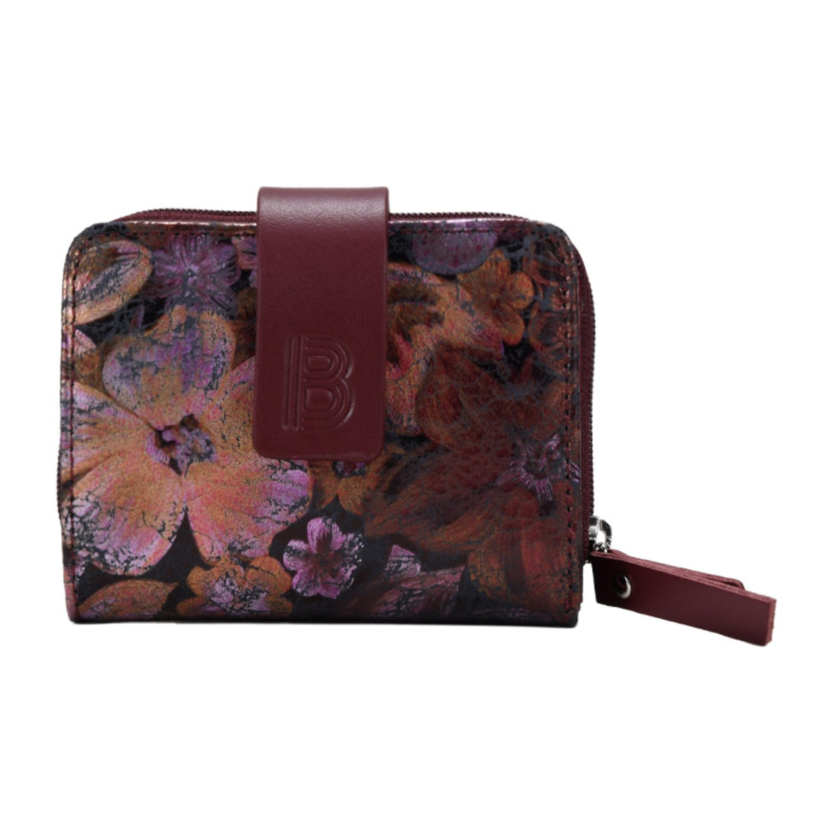 Billetero burdeos en piel con estampado floral