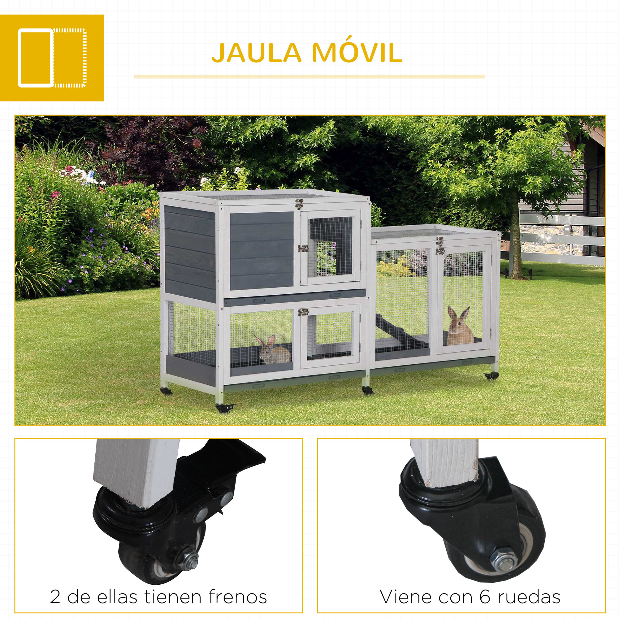 Conejera de Madera con Ruedas 147x45,5x88,5 cm Jaula para Conejos de 2 Niveles con Techo Abrible 2 Corrales de Metal 3 Bandejas Extraíbles 3 Puertas con Pestillo y Rampa Gris