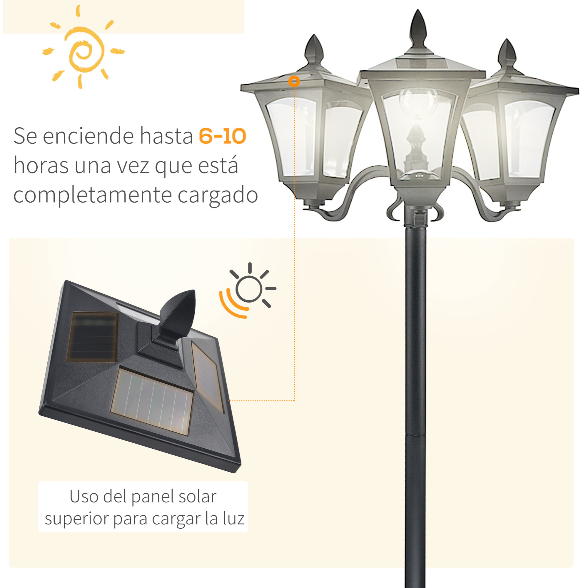 Conjunto de 2 Farolas Solares de Exterior Luces Solares de Pie con 3 Luces LED Impermeable IP44 para Camino Terraza Patio 51,5x47x182,5 cm Negro