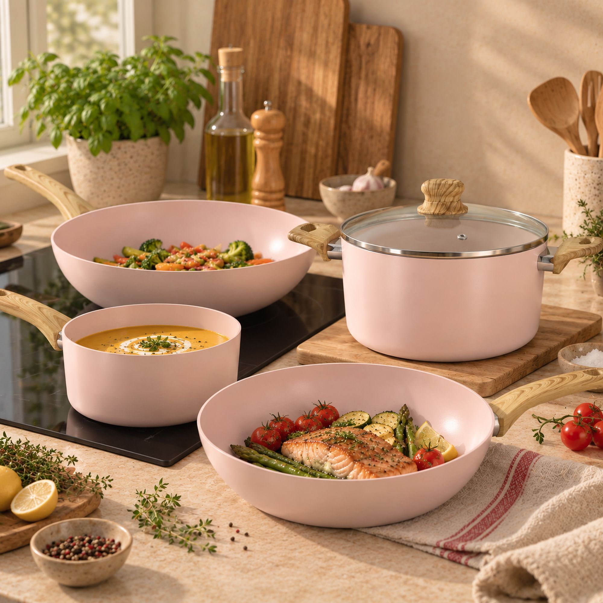 Batterie de cuisine 7 pièces en céramique rose - tous feux COLORAMA