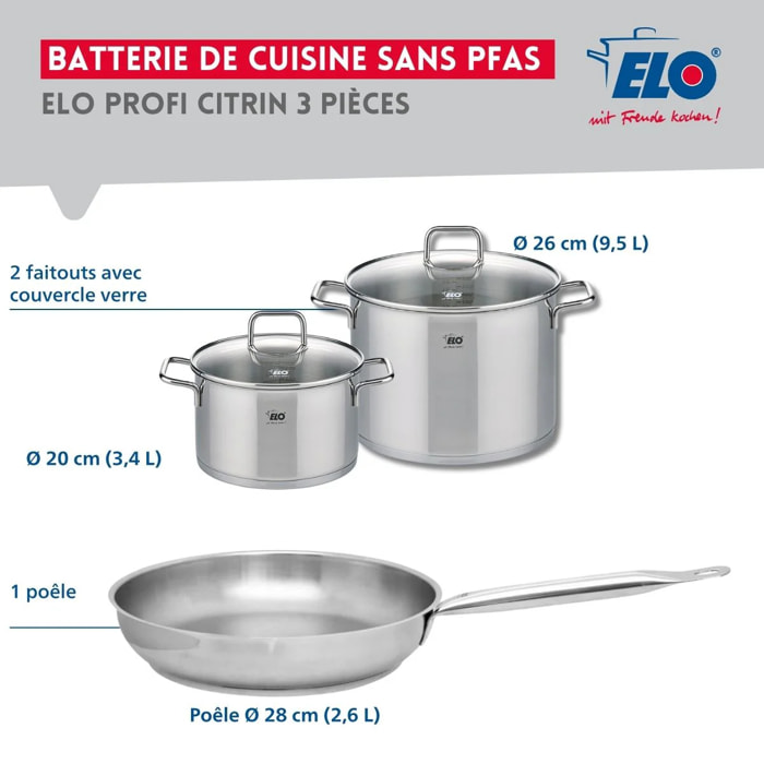 Ensemble de 1 Poêle de cuisson 28 cm et 2 faitouts 20 et 26 cm Elo Profi Citrin