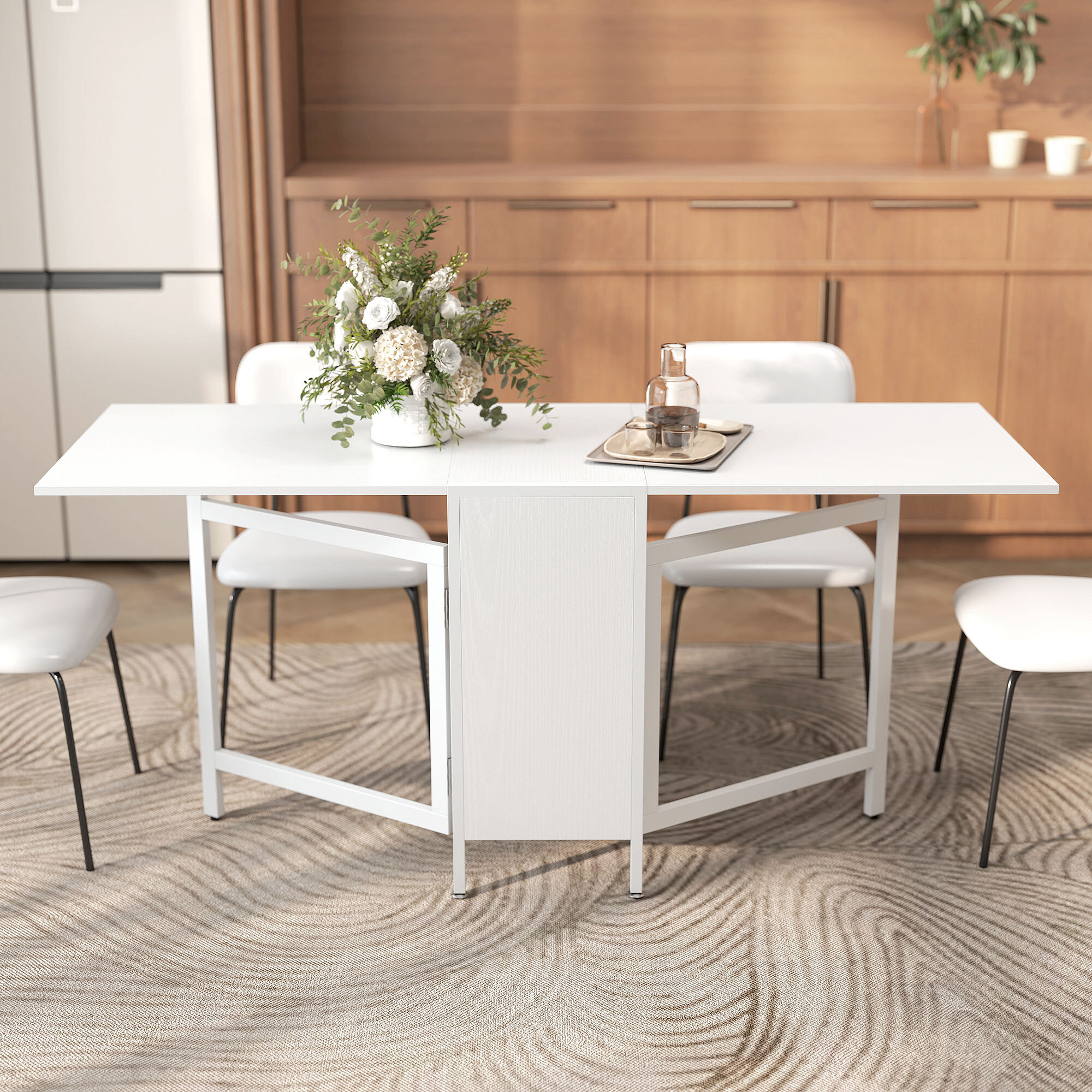 Mesa Plegable de Comedor, Mesa de Cocina Plegable, con Alas Abatibles, 4 Compartimentos, 3 Formas, Hasta 4 Personas, para Salón, Espacio Pequeño, 169x60x75 cm, Blanco